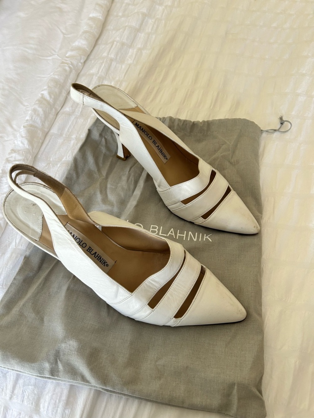 Manolo Blahnik White Pointed-Toe Slingback Heels
